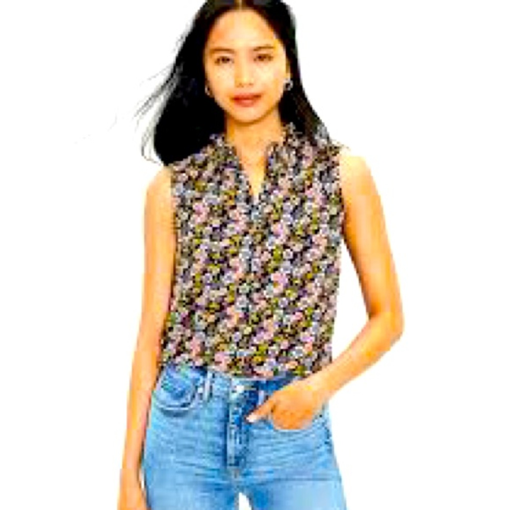 Loft Floral Ruffle Neck Mixed Media Shell L